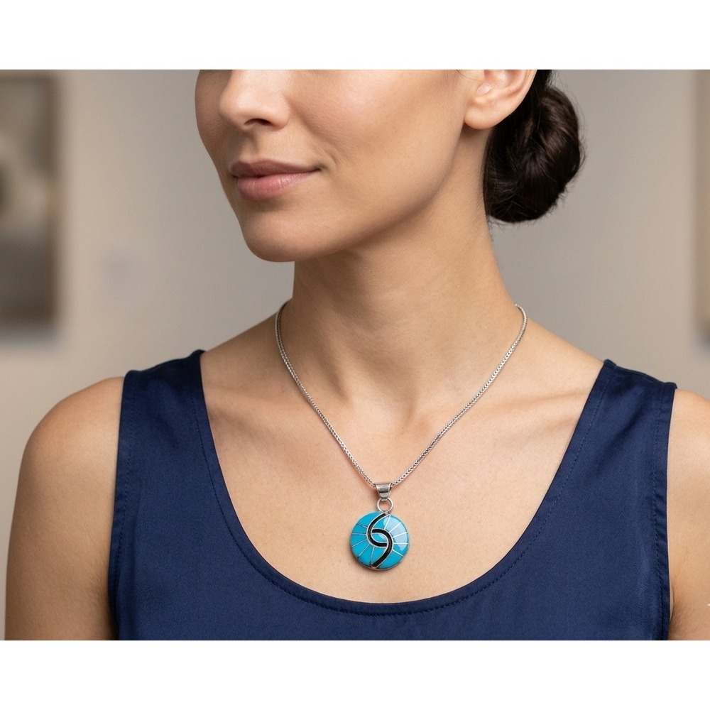 Zuni Hummingbird Round Pendant 24" Franco Chain Necklace Amy Quandelacy Jewelry*